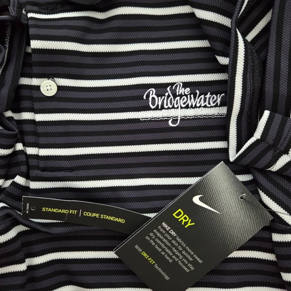 NWT Nike Polo Shirt Black‎ White Striped Dri-FIT Bridgewater Mens Large